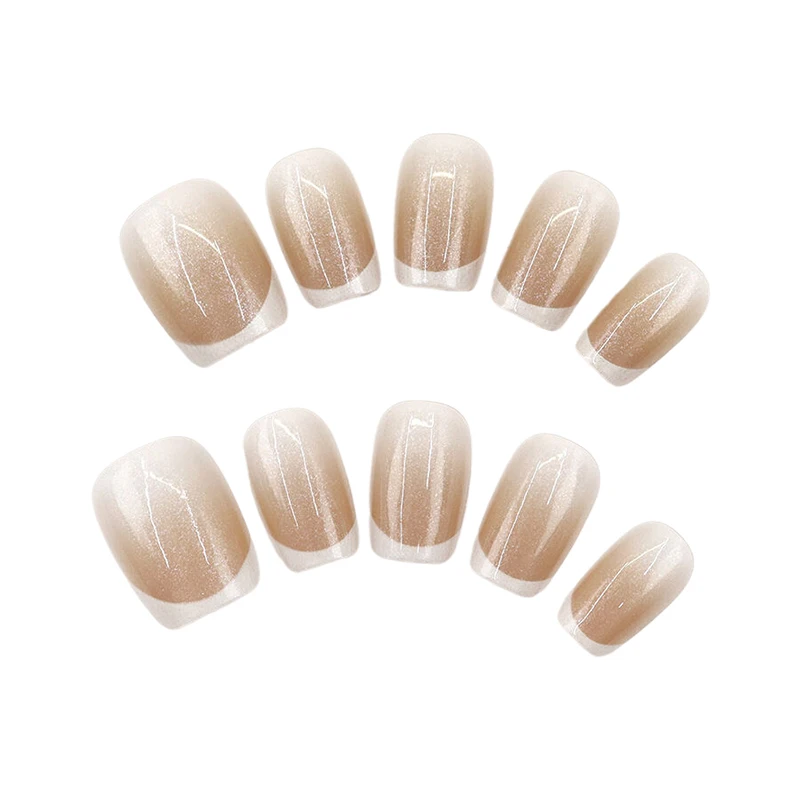 30Pcs French Pearlescent Glitter Short Square False Nails With Jelly Adhesive Detachable Full Cover Artificial Press On Nails