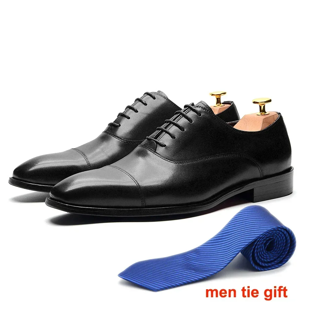 Classic Cowhide Genuine Leather Mens Dress Shoes Black Brown Cap Toe Lace-Up Oxford Company Business Office Formal Shoes for Men