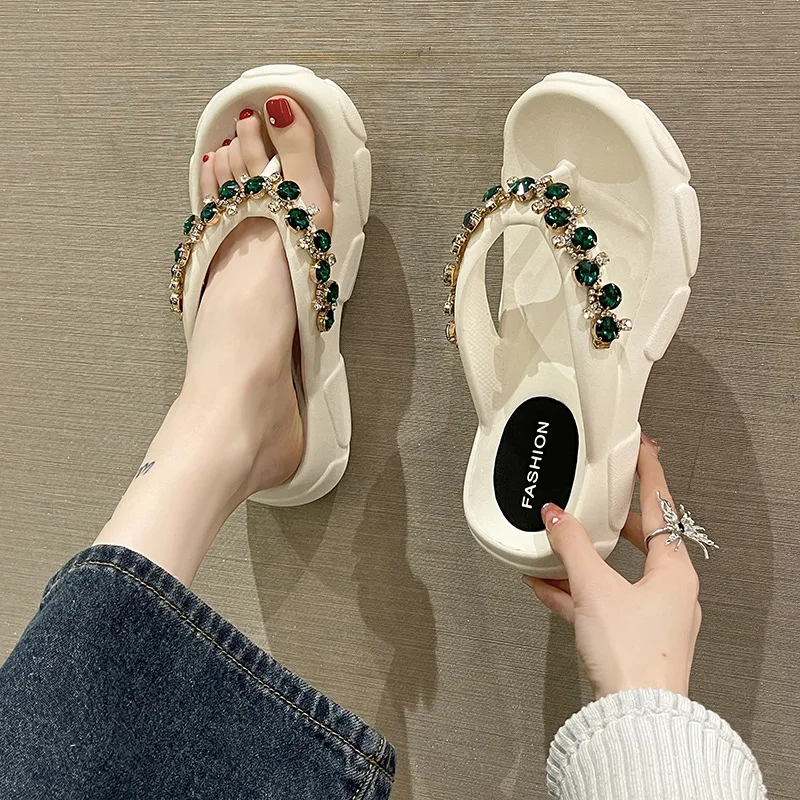 Women's Summer Flip Flops Luxury Rhinestone Thick Soled High Heels Beach Shoes Platform Anti-skid Light Soft Lady Slippers