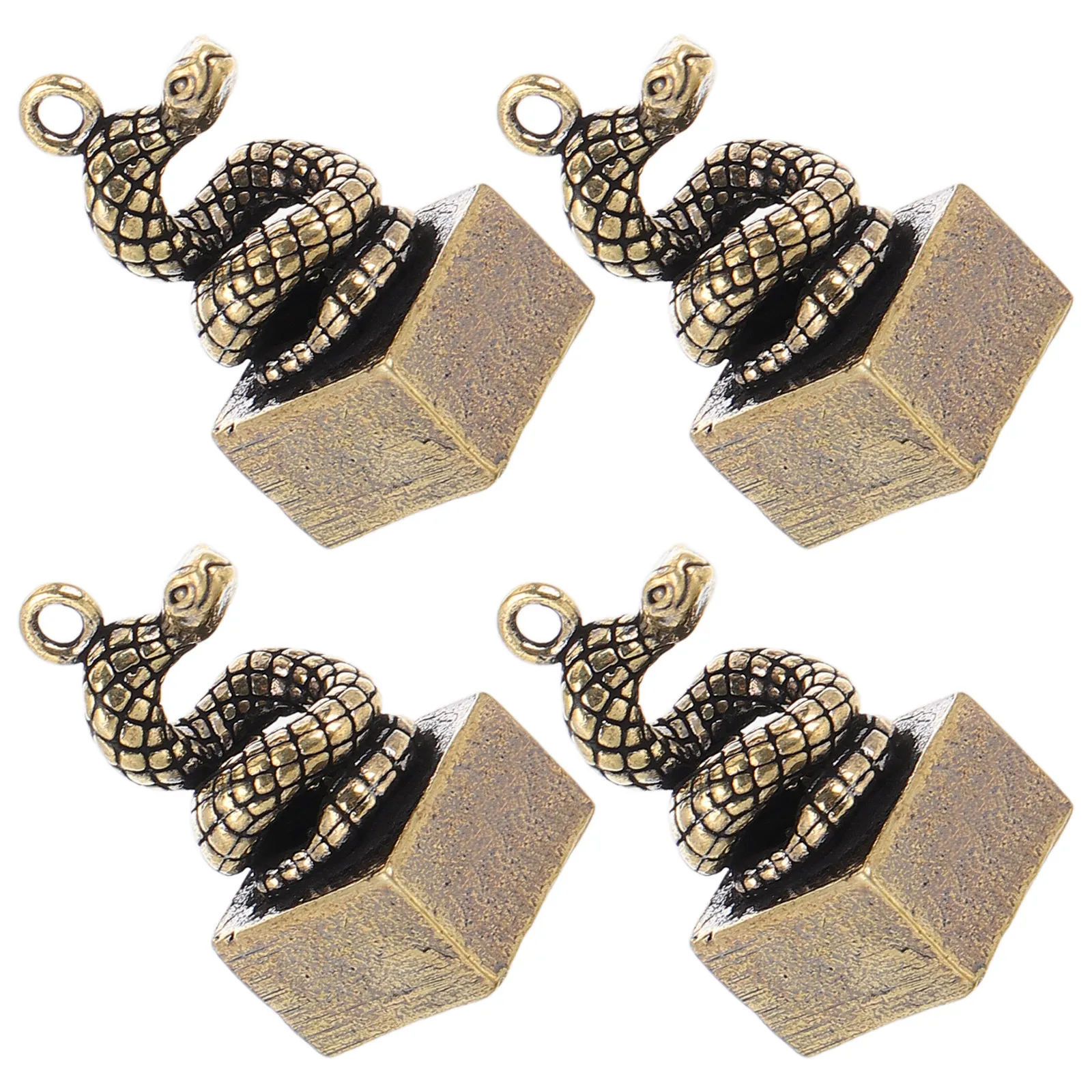 4Pcs Vintage Brass Snake Keychain Charm Set Chinese Zodiac Year of The Snake Lucky Ornament Desktop Decor Home Office Bag Charm