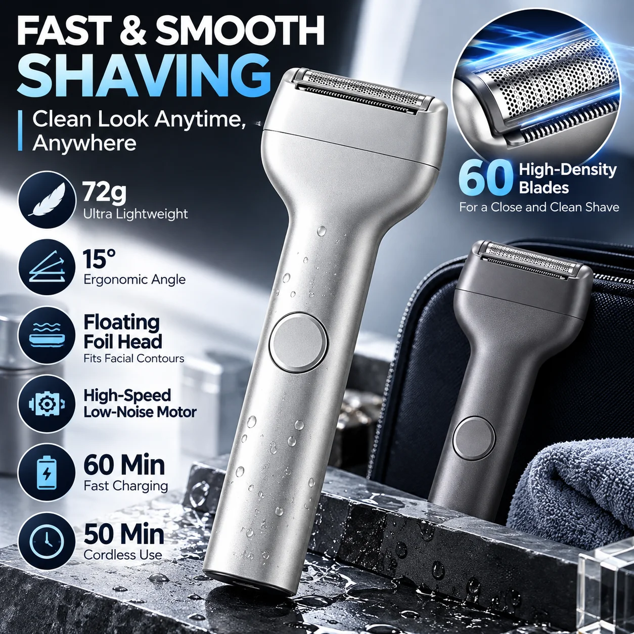 Electric Shaver for Men Rechargeable Foil Razor with Floating Head 60Min Fast Charge Portable Travel Beard Shaving Machine