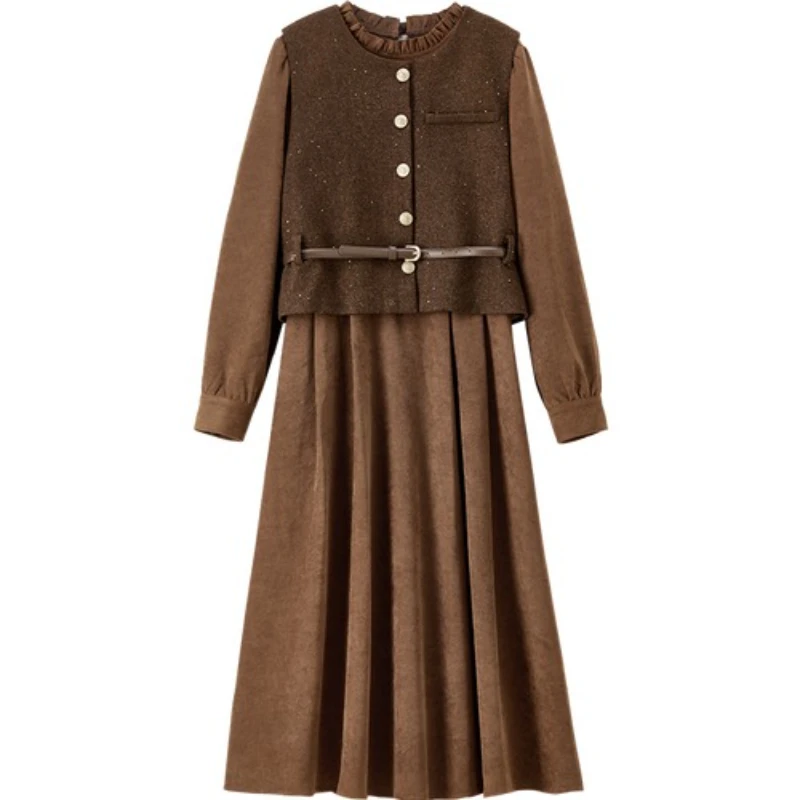 SENTUBILA Women's Elegant 2-Piece Set 2025 Autumn New Stand Collar Peach Skin Velvet Dress & Sequined Wool Belt Vest W53ZB3659