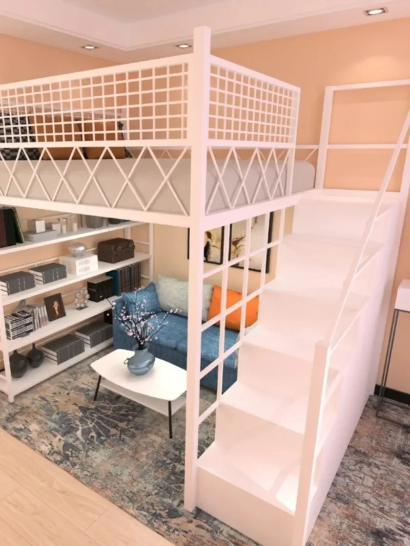 Duplex upper bunk iron bed apartment attic double multi-functional wrought iron bed space-saving