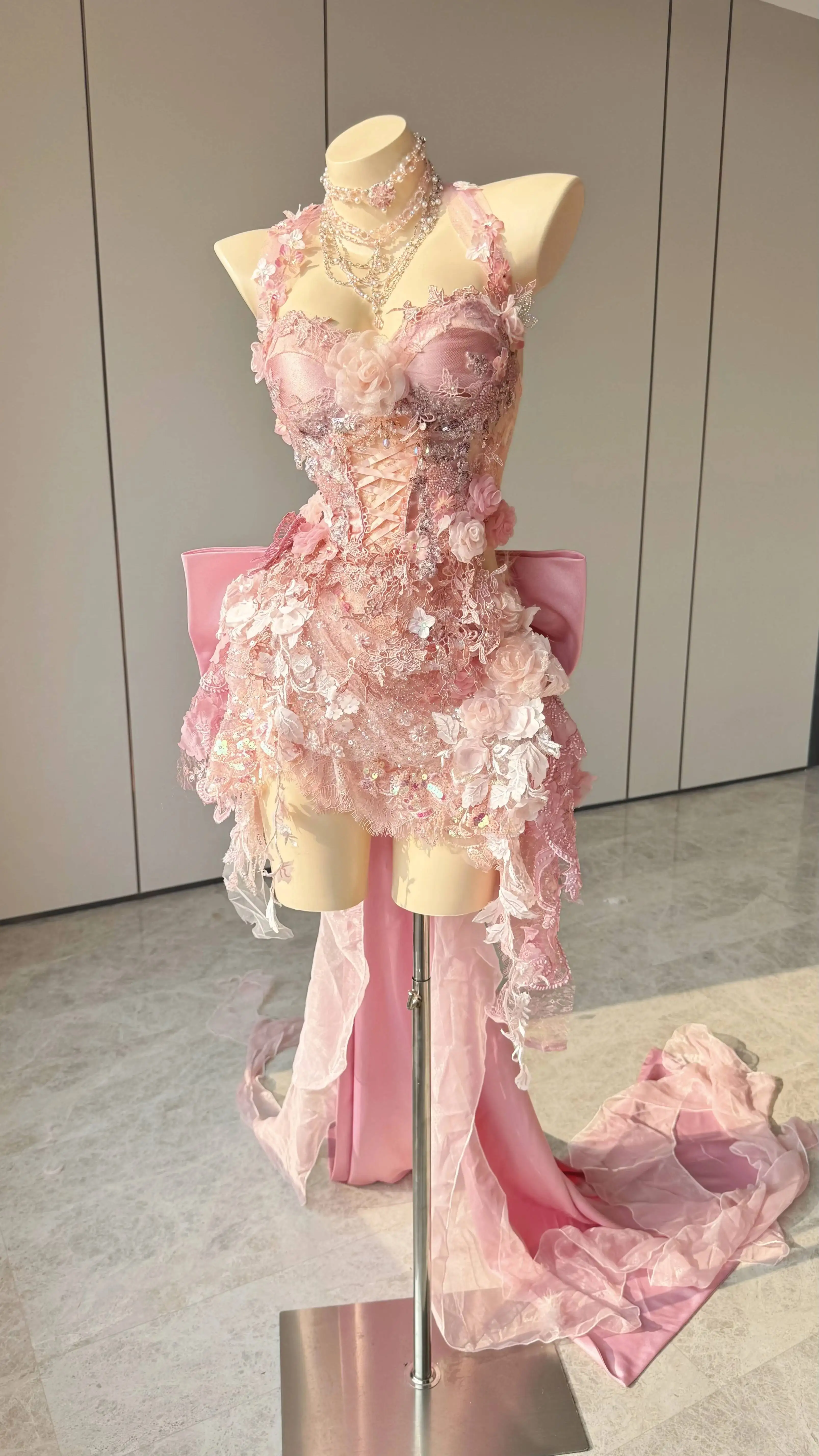 

Pink Fairy Lace Prom Dress | Sexy Backless Bow Decor Evening Gown for Wedding Guest | 2026 Summer Party Dress