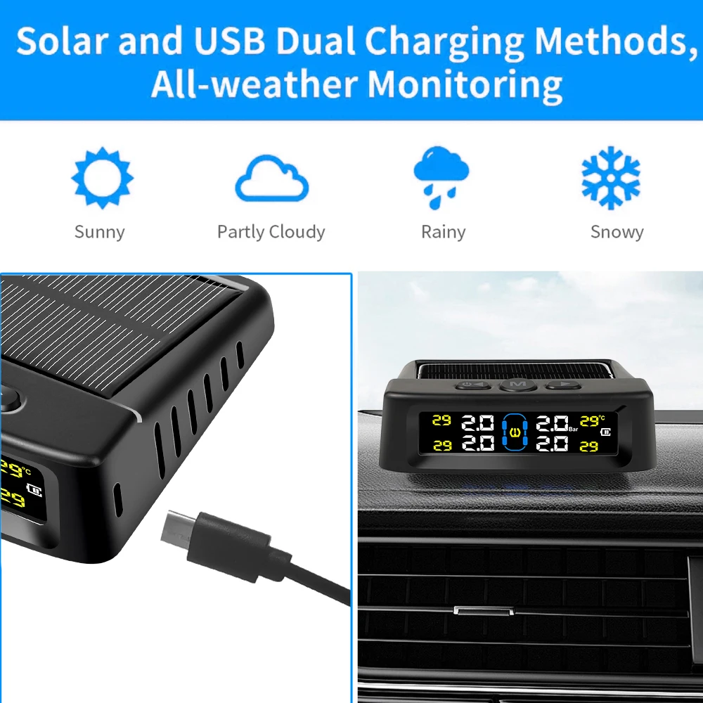 Electronic Car Tyre Pressure Monitoring System Solar Power Digital TPMS Display Auto Tyre Pressure Security Alarm Device