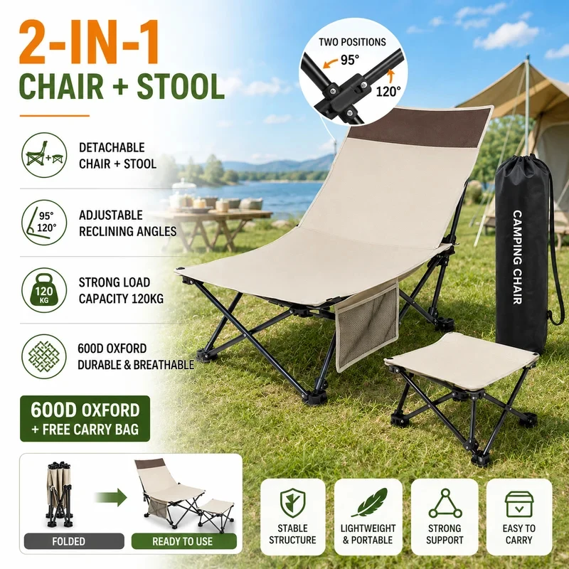 Outdoor Folding Lounge Chair Portable Office Chair Stool Adjustable Camping Fishing Leisure Chair Lunch Break Back Moon Chair
