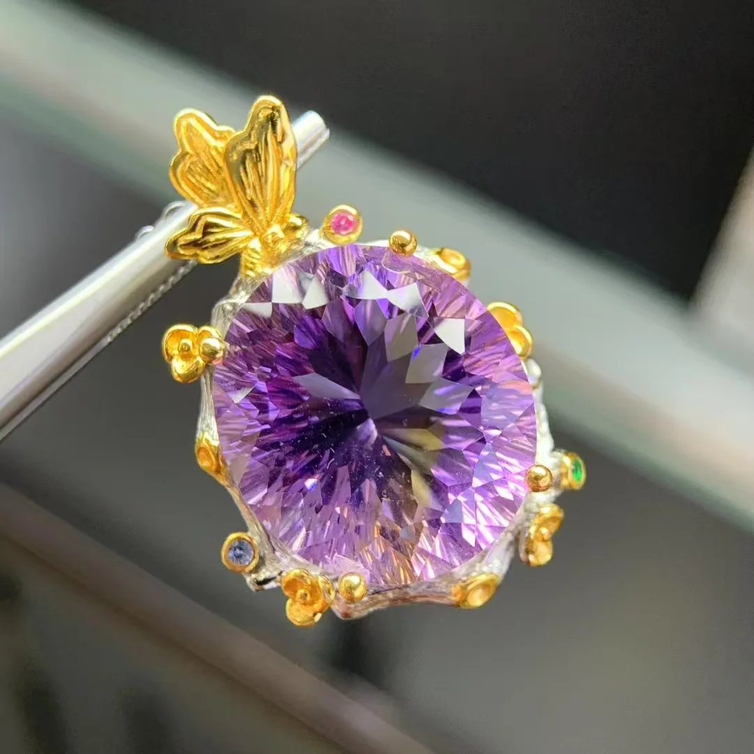 Natural Ametrine Pendant 18x20mm Round Cut Bi-Color 925 Silver Two-Tone Butterfly Handmade Pendant (Chain Not Included)