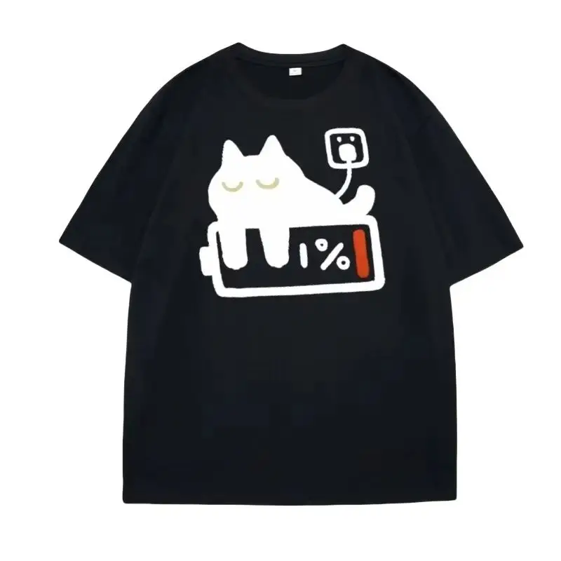 Funny Cat Charging T-shirt for Casual T Shirts Short Sleeved Tees Female Tops Autumn Streetwear Women Clothes Popular