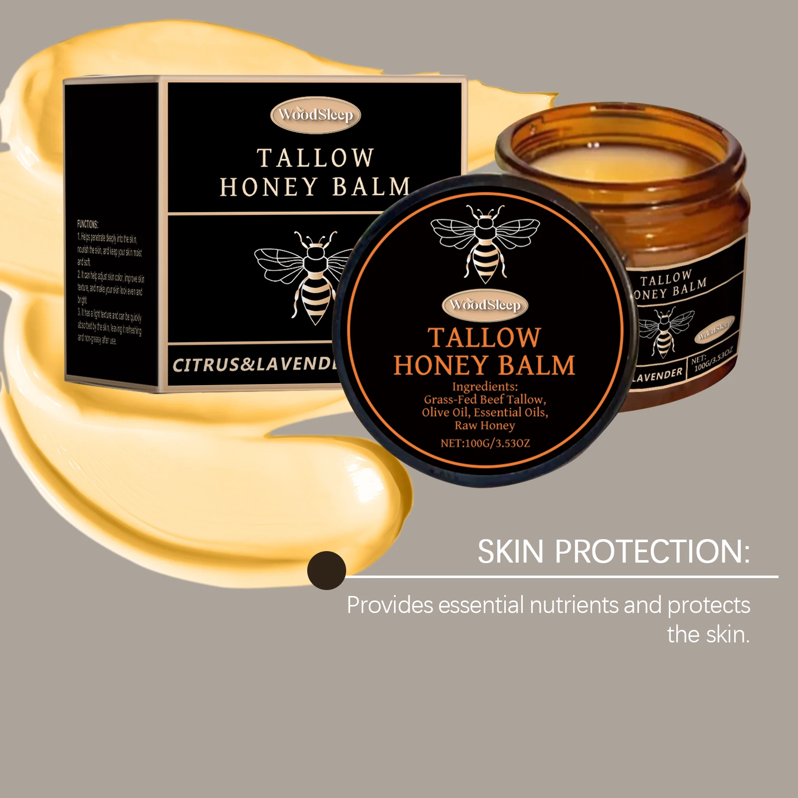 

Organic Grass Fed Beef Tallow Balm Raw Honey Long-Lasting Smooth Improve Elasticity Hydrating Cream Moisturizing Soft Skin Care