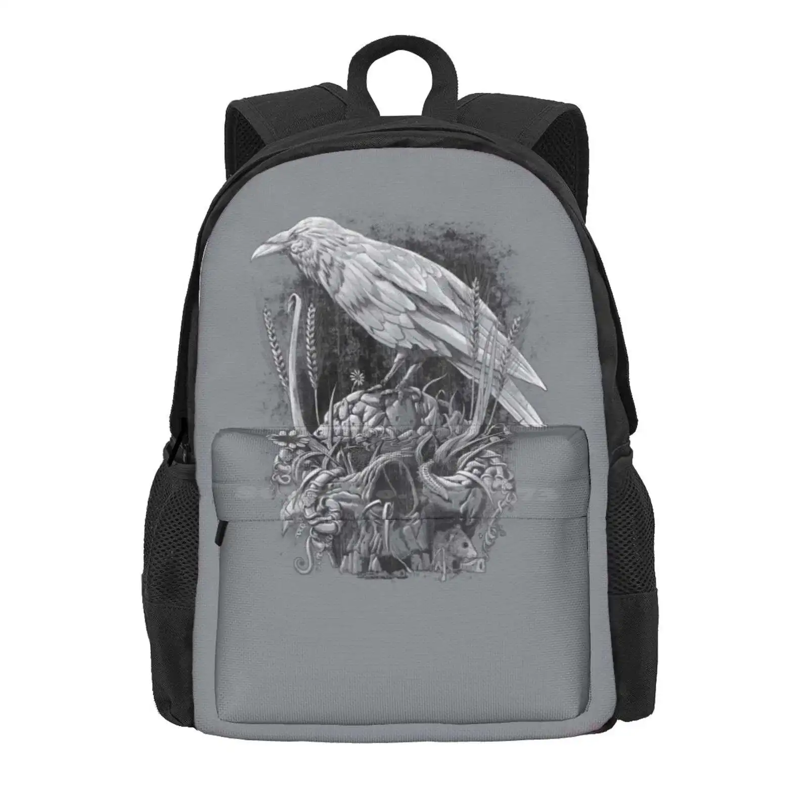 White Raven Hot Sale Schoolbag Backpack Fashion Bags Raven Crow Skull Bird Flowers Mouse Grass Leaves Seasons Change Vines Gray