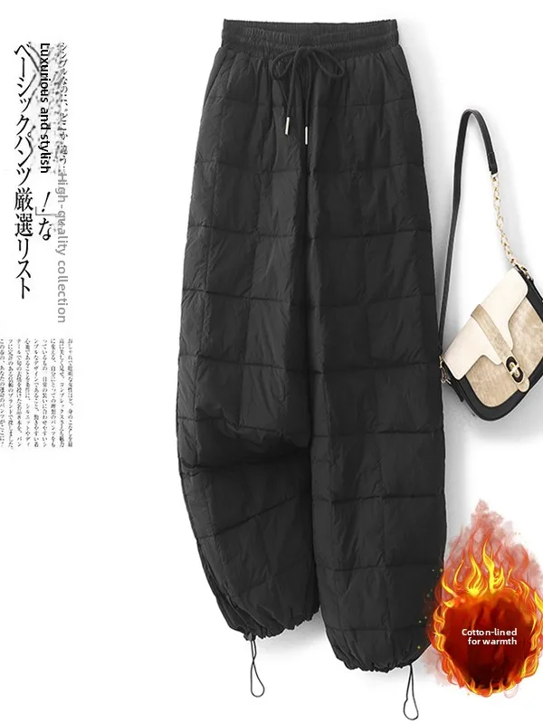 Ciepłe spodnie z mieszanki bawełny w kratę, proste nogawki, casualowe, ze sznurkiem w pasie, plus size, modne, wyszczuplające spodnie zimowe damskie.