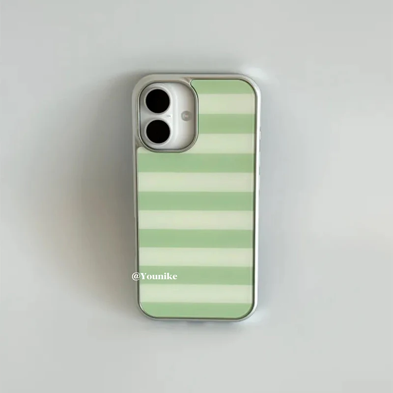 Korean Ins Green & Yellow Stripes Electroplated Drip Glue Phone Case For iPhone 17 Air 16 Pro Max 15 14 Plus 13 12 11 Back Cover