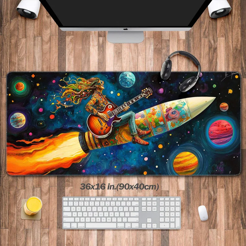 

Rock and Roll Guitarist Desk Mat, XXL Cool Mouse Pad, Desk Mat on Space, Computer Mat with Keyboard and Colorful Planets