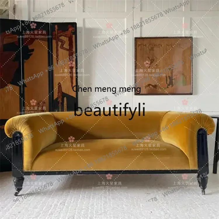 French retro solid wood carving velvet three-person sofa simple living room sofa combination9344