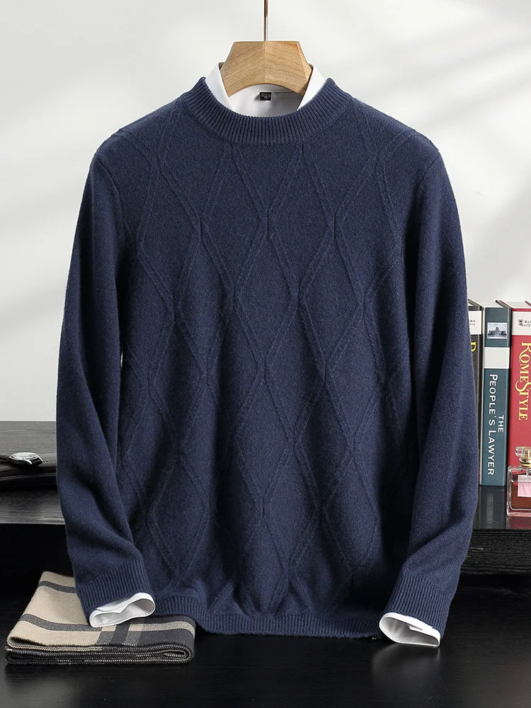 Autumn Winter Men's O-neck Pullovers Sweater 100% Goat Cashmere Knitwear Diamond Jacquard Thick Long Sleeve Business Warm Tops