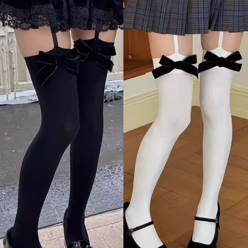 

Черно-белые носки с бантом и подвязками Y2K, ретро чулки на шнуровке на подтяжках, утягивающие мягкие эластичные колготки, милые колготки JK Lolita для девочек