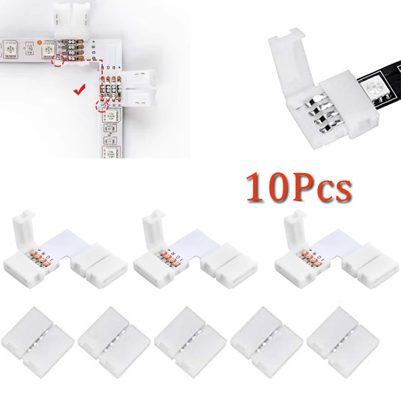 L Shape 4-Pin LED Connectors 10mm Wide Right Angle Corner Connectors Solderless Adapter Connector Terminal for 3528/5050 SMD RGB