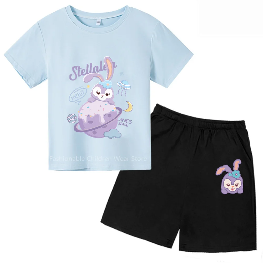 Cute Disney Starlight Ballerina Rabbit Print Tee & Shorts Combo Child Cotton Summer Top Boy Girl Friendly Outdoor Korean Chic