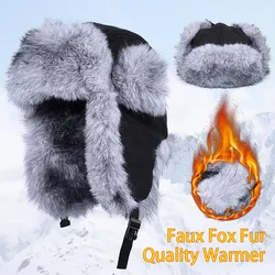 Winter Earflap Hats Men Women Ushanka Warm Thick Plush Luxury Russian Trooper Aviator Cap Autumn Faux Fox Fur Bomber Hat Black