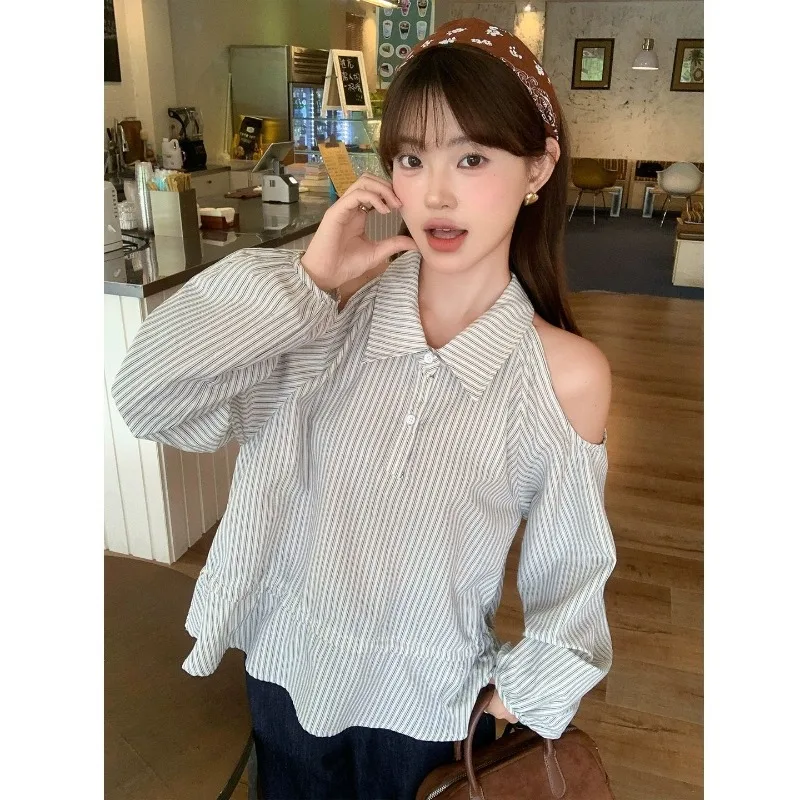 

Y2k Striped Off Shoulder Long Sleeve Shirt Women 2026 New Lapel Loose Waist Ruffle Tops Simple All Match Blouse Blusas