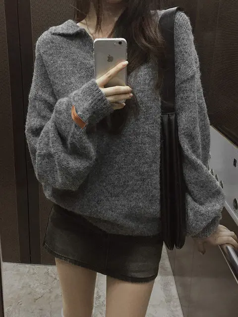 ey Knitted Sweater Women's Outerwear Chic Retro Collar Loose Simple Versatile Winter Faion High-End Feelings Fem Teens
