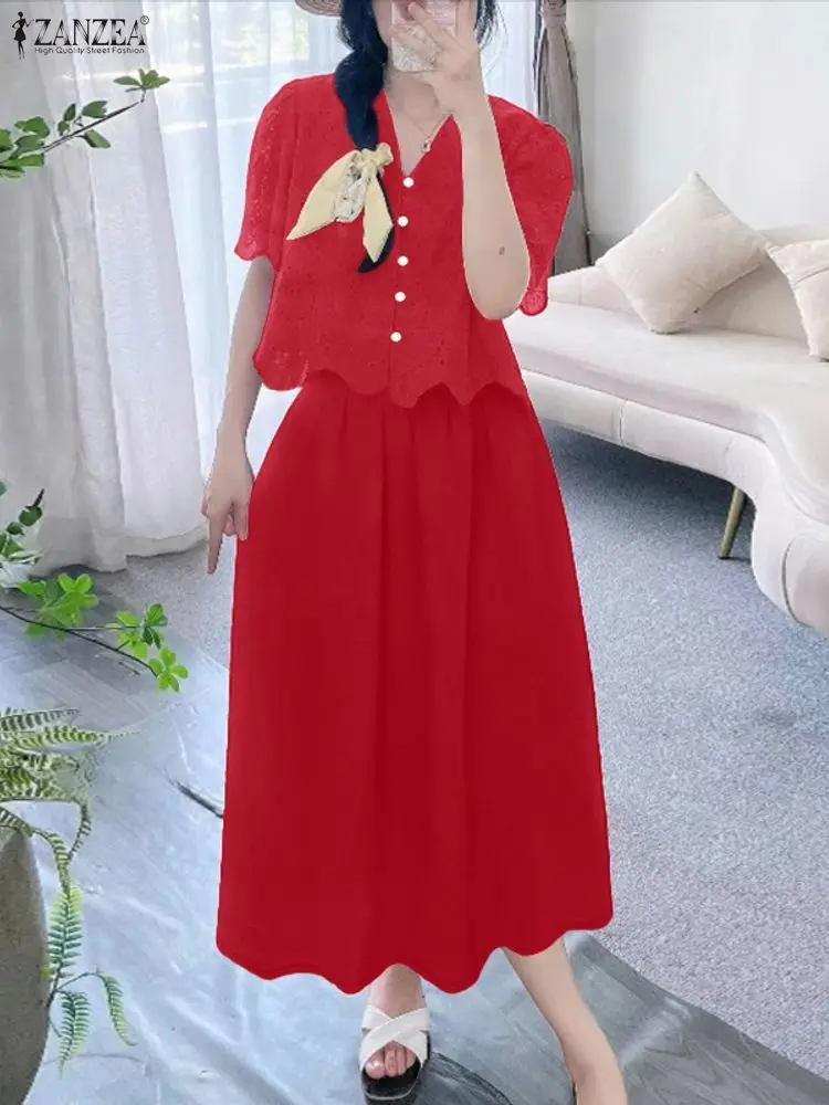 ZANZEA Элегантные комплекты из 2 юбок, женские ажурные короткие топы с вышивкой и длинные юбки трапециевидной формы, костюмы из 2 предметов, отпускная одежда 3XL