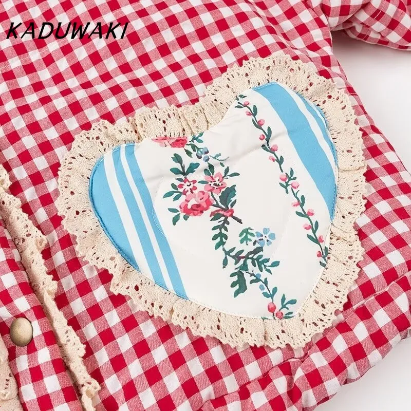 Kaduwaki coreano adorável solto coração estampado parkas primavera manga longa acolchoado algodão acolchoado jaqueta casacos feminino bonito outerwear