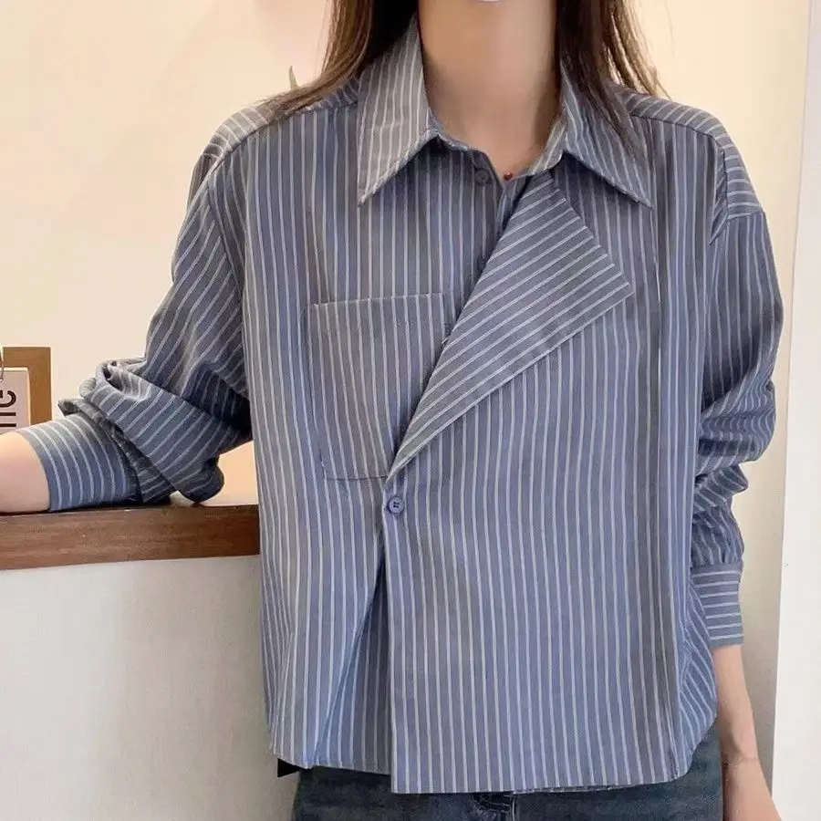 Casual Commuting Polo Collar Long Sleeves Striped Shirt for Women\'s Spring Autumn New Western Style Loose Temperament Trendy Top