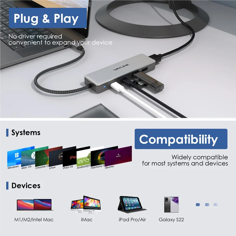 WAVLINK 10Gbps USB C Hub 5-In-1 Multiport Adapter for MacBook Air/Pro Chromebook Laptops with 85W Power Delivery