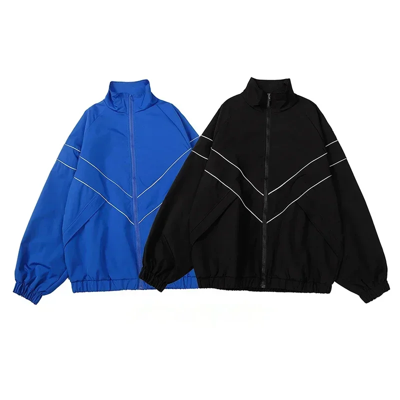 Reflective Striped Design Jacket Street Loose Sports Outerwear Casual Outwear Windbreaker Man Women Rib-sleeve Coats