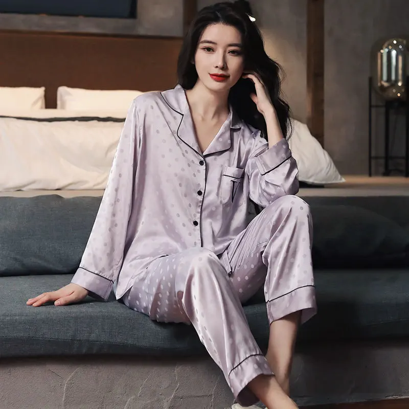 Jacquard Dot Women Sleepwear 2 Pieces Pajamas Set Satin Nightwear Casual Lounge Wear Autumn New Nightgown Pyjamas Homewear