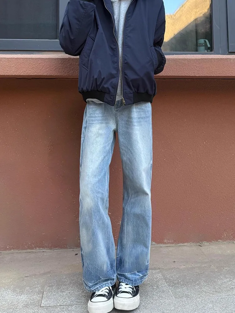 

Cleanfit Men's Fce Lined Straight Leg Jeans mid Waist High Street Sle Blue Denim Pants Slimming Tapered Cuffed Trousers