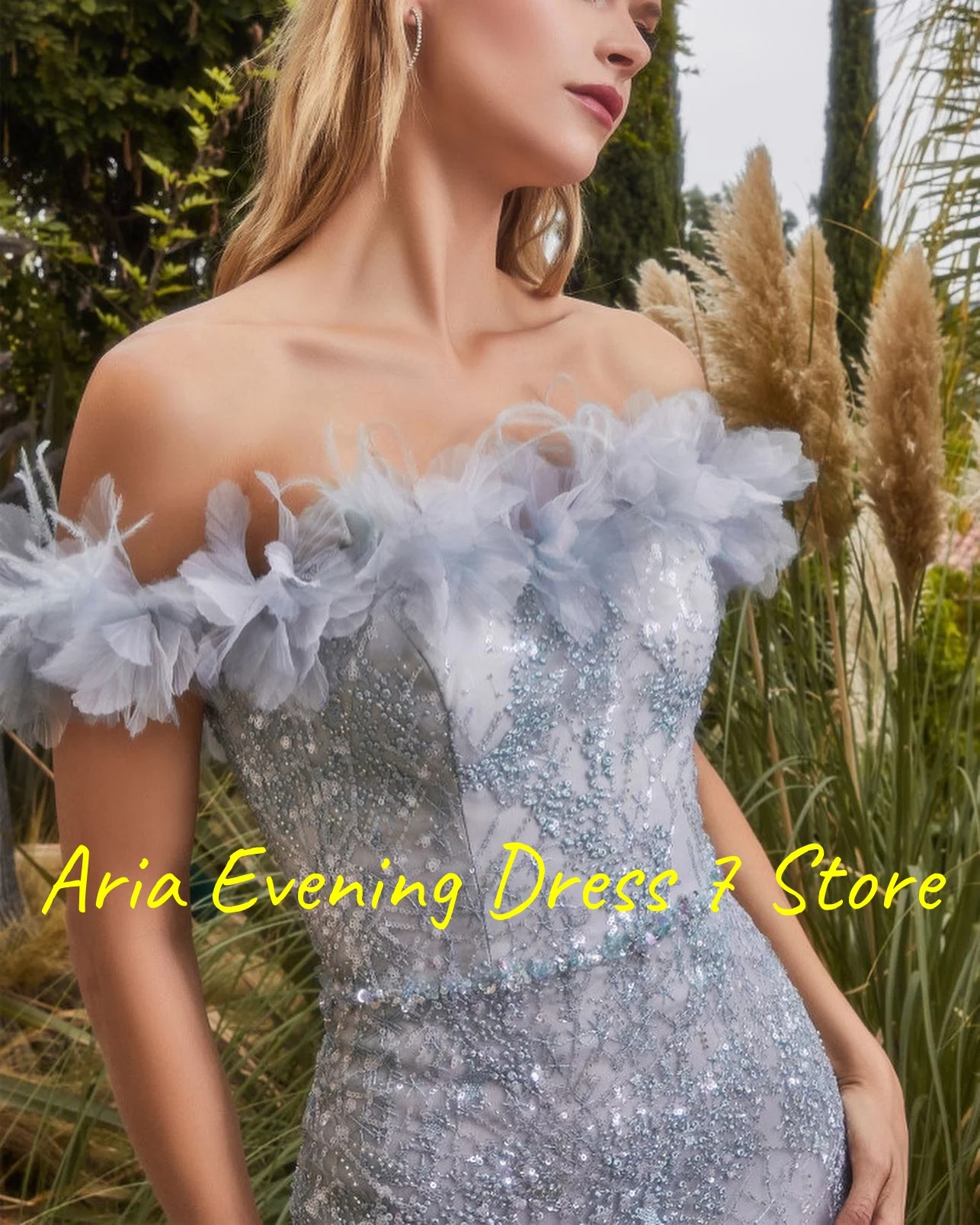 Customized  Fashion Organza Mermaid Off the Shoulder Sequined Flowers Evening Dresses  Delicate Sleeveless Bespoke Occa