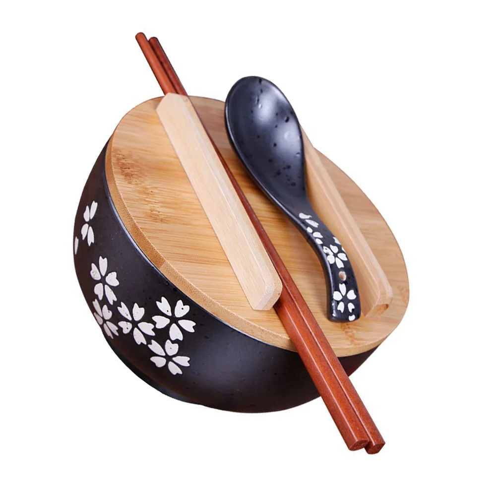 Juego de 1 Tazón de Sopa de Cerámica Negra Estilo Japonés para Servir Fideos, Ramen, Arroz, Ensalada, con Diseño de Cerezas, Vajilla para el Hogar y la Cocina
