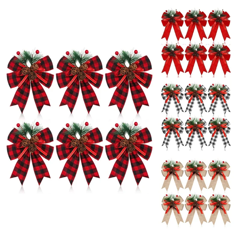 12PCS Christmas Bow With Pine Cones Pine Needles Xmas Checkered Ribbon Bow Christmas Tree Decoration Bows