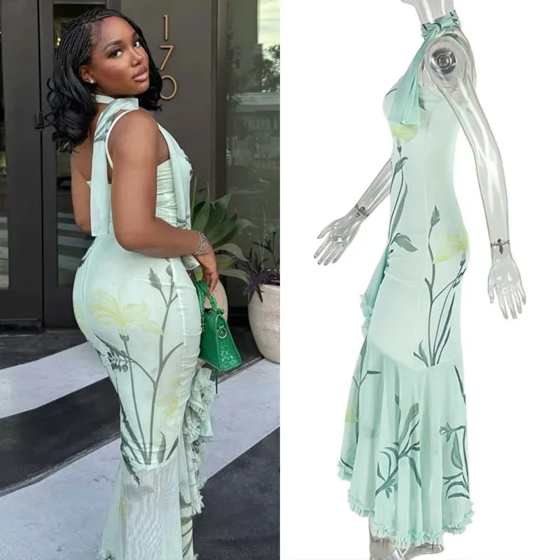 

Elegant Women’s Hollow Out Ruffle Maxi Dress 2025 Spaghetti Strap Floral Print Bodycon Dress With Neck Scarf For Beach Party New