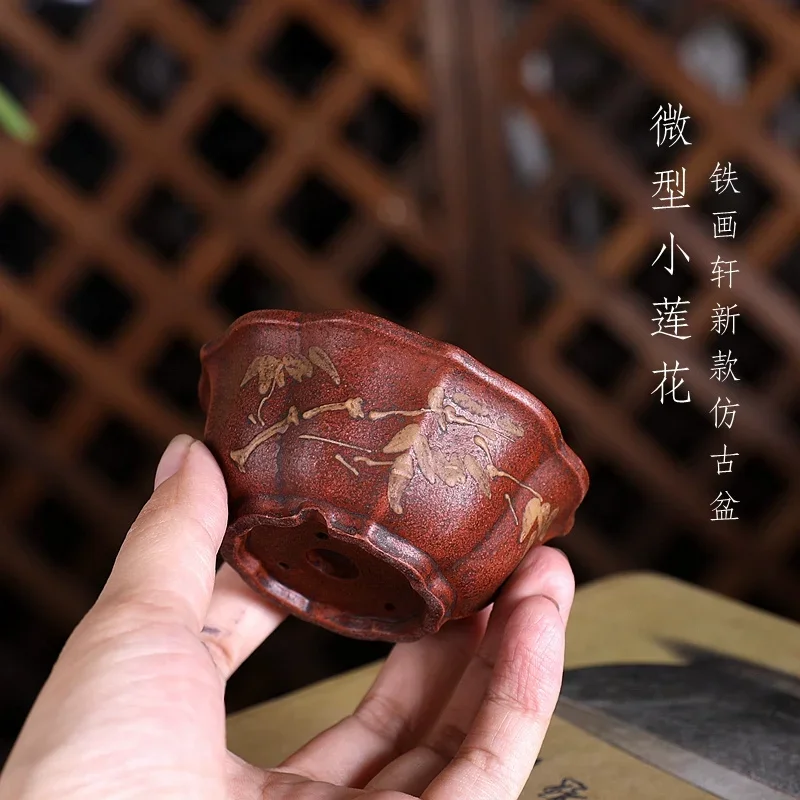 yesCeramic Lotus Shape Bonsai Pot, Circle Paint, Handmade Small Vase,Chinese Pattern,Home Room Table, Garden Decoration