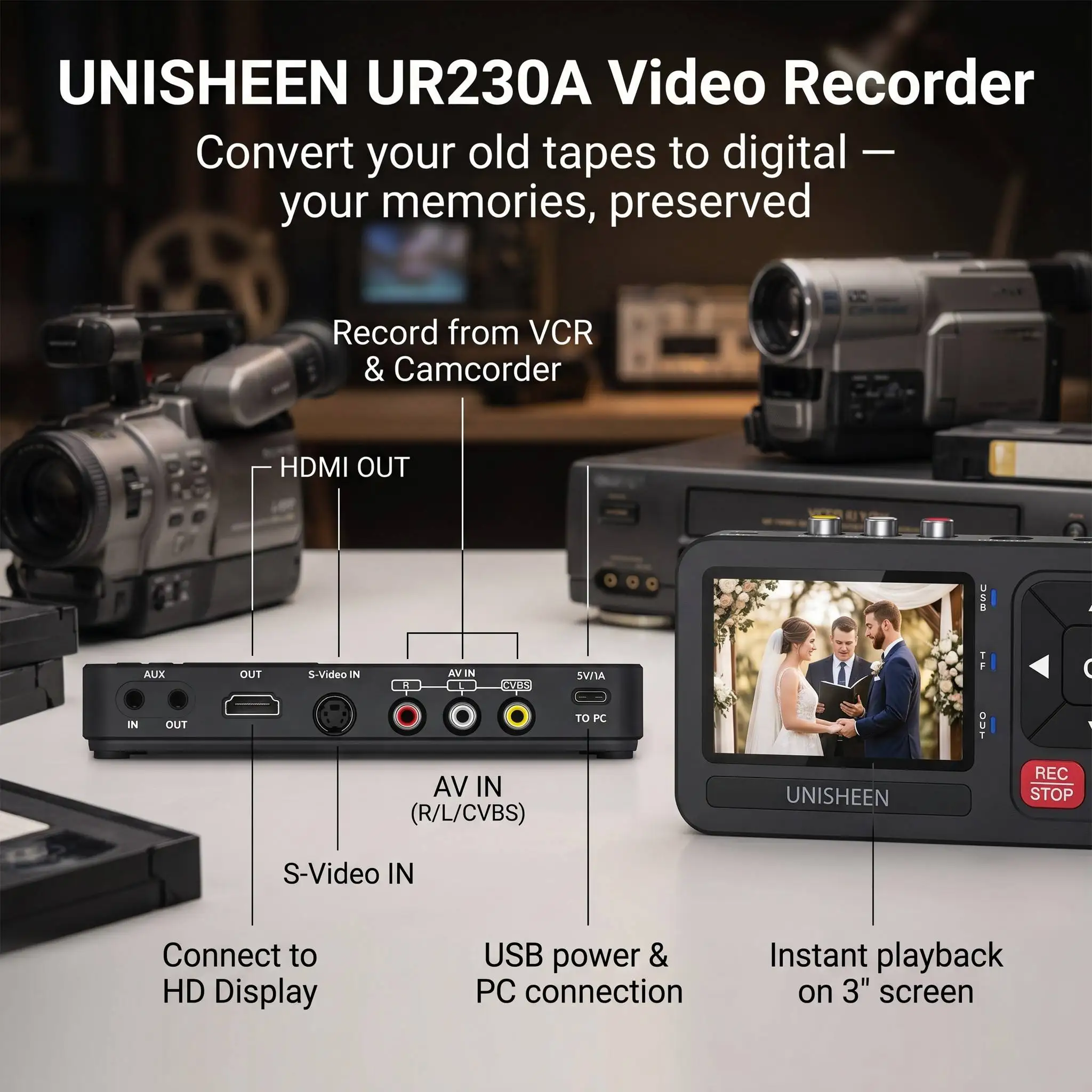 UNISHEEN-convertidor de videocámara antigua, carrete MP3, Mini cinta VHS pequeña para Flash, grabadora de cámara de vídeo Digital