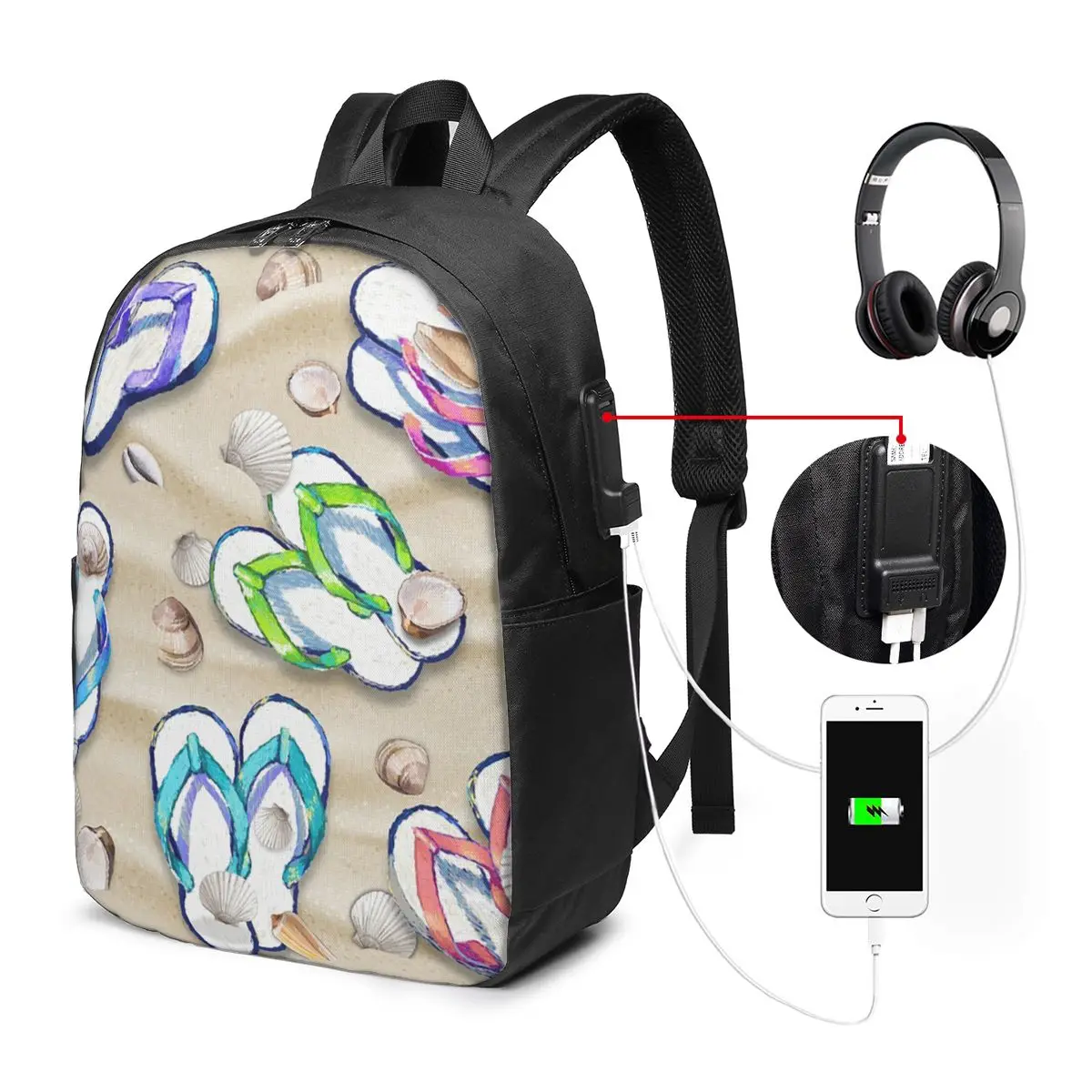 Watercolor Design Flip Flops Beach Backpack Travel Notebook Bag Computer College Student School Bag Laptop Shoulder Bags