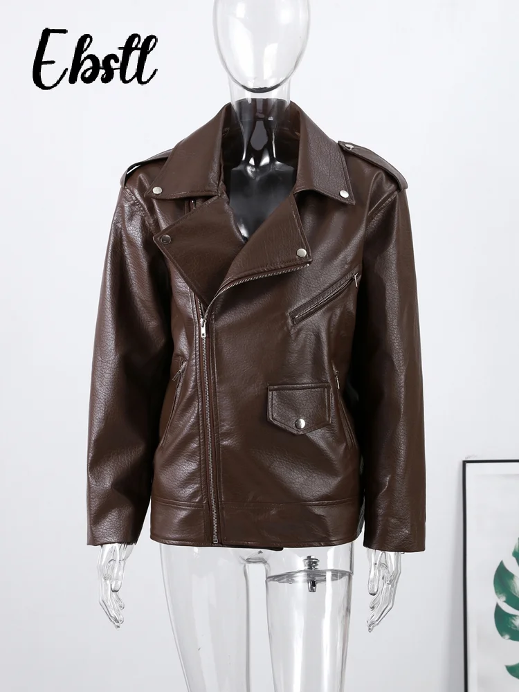 جاكيتات جلدية بسحّاب للنساء ، جيوب بأكمام طويلة بطية صدر ، جاكيت بأزرار ، ملابس خارجية نسائية عالية في الشارع ، جديد ، الخريف ،