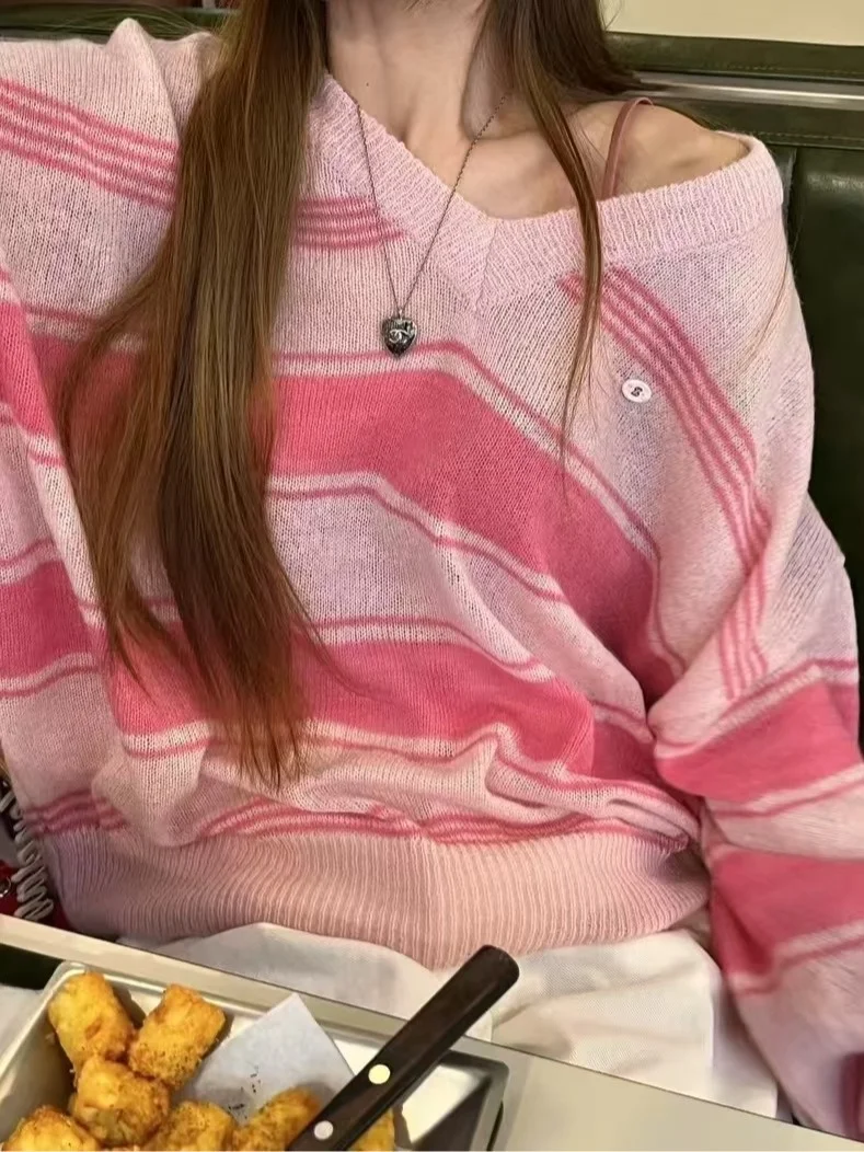 Doce casual listrado v-ne malhas feminino solto oulder baring emagrecimento topo para primavera outono confortável preguiçoso sle