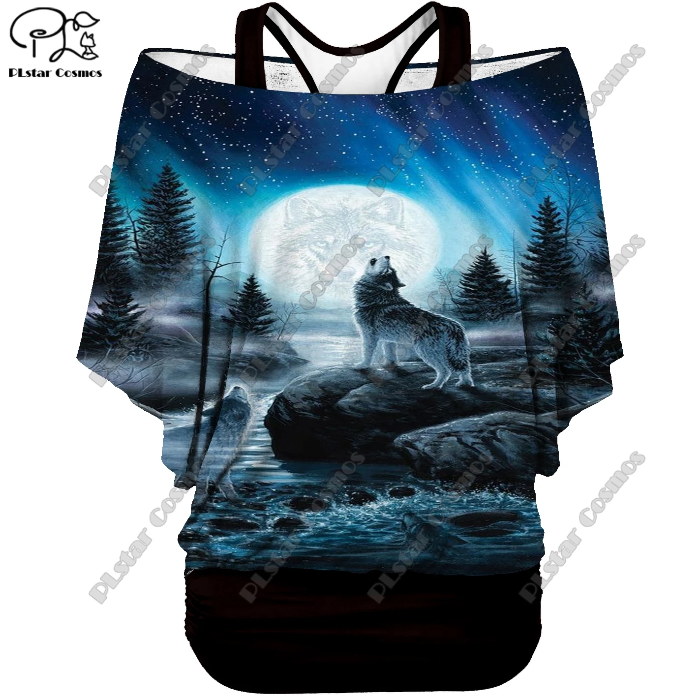 PLstar Cosmos 3D Printed Wolf King Pattern Fake Two-Piece Top Women's Casual T-Shirt Harajuku Streetwear Collection    2