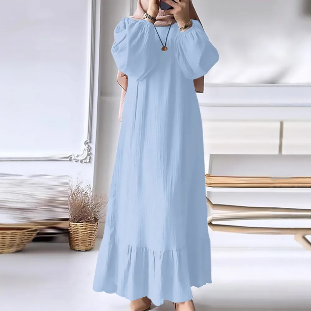 Muslimische frauen Robe Neue Mode Langarm Retro Langen Rock Einfarbig Rüschen Saum Kleid für Frauen
