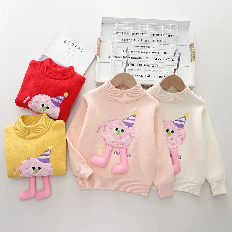 1-8T Cartoon Pattern Teens Girls Sweaters for Fall Winter 2024 Long Sleeved Flocking Children's Sweatshirts Baby Clothes