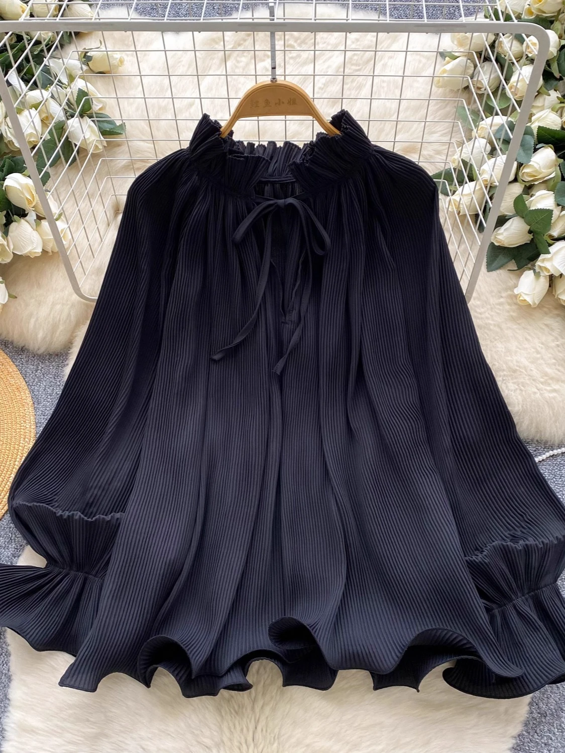 2026 New Autumn Women Elegant V-neck Long Sleeve Shirt Heavy Work Pleated Design Solid Color Loose Casual Ruffles Shirt Tops