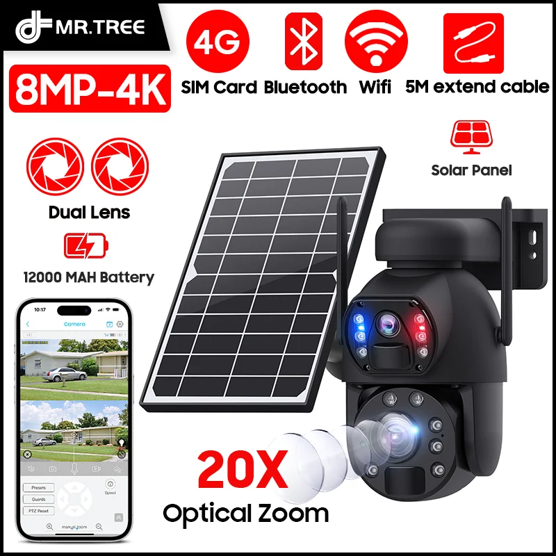 

4K 8MP 4G Solar Camera 20X Optical Zoom Dual Lens Recording Humanoid Tracking Outdoor WIFI Metal Waterproof Laser infrared cams