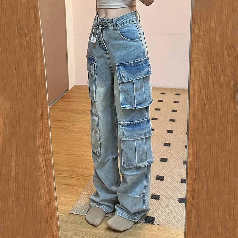 BPN Streetwear Patchwork Pockets Jeans For Women High Waist Soild Casual Loose Wide Leg Denim Trousers Female Fashion Clothing