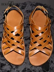 Vintage Mens Handmade Weave Cross Strap Gladiator Sandals Bukle Strap Cowhide Genuine Leather Sandals Summer Casual Beach Shoes