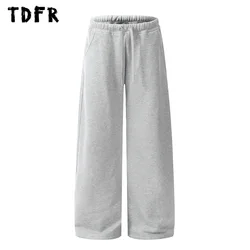 Solid Color Sweatpants Mens Autumn Winter Fleece Elastic Waist Loose Straight Wide Leg Joggers Pants Men Trousers