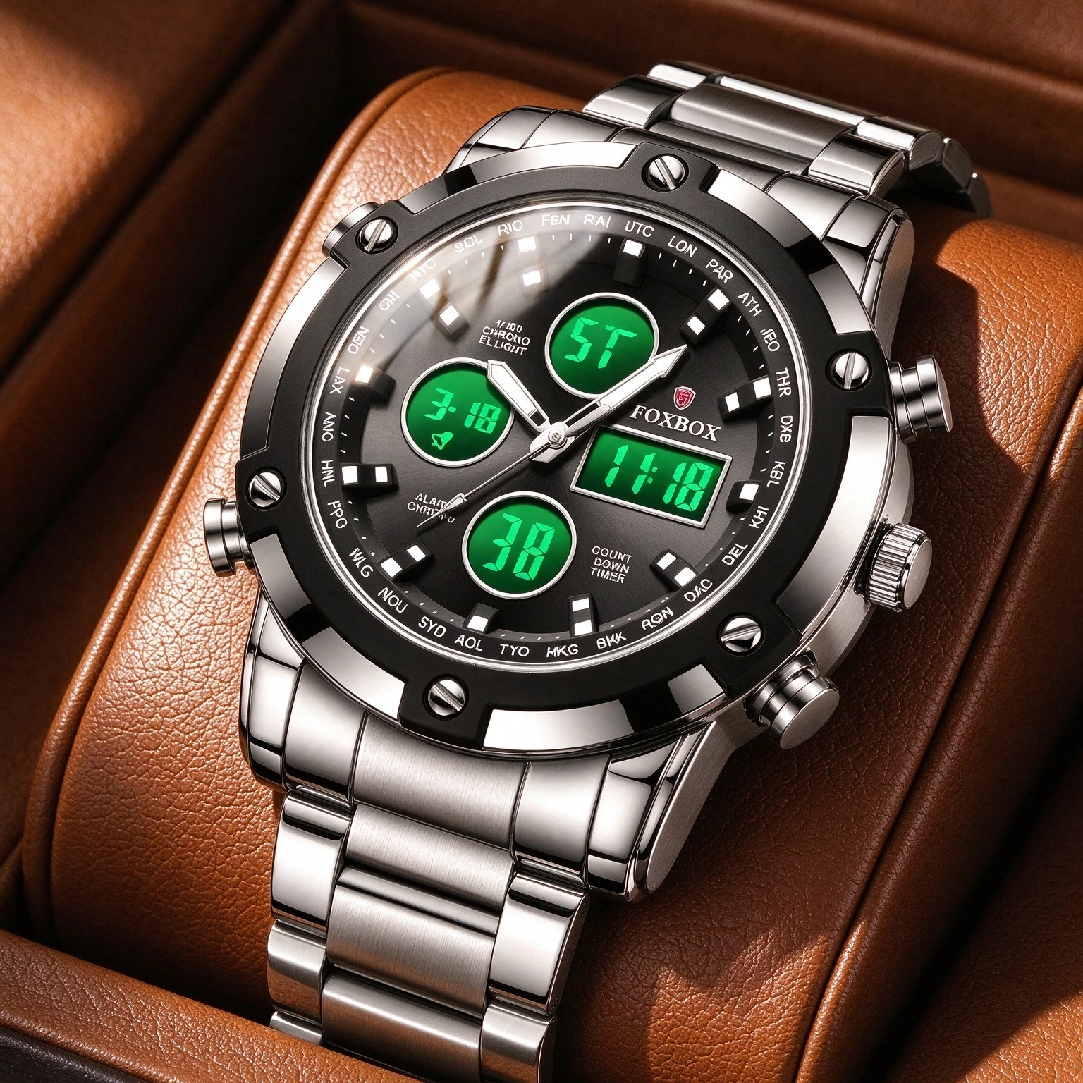 LIGE Three Time Quartz Mens Watch Multifunctional Countdown Steel Strap Wristwatch Clock Digital Watch For Men Relogio Masculino